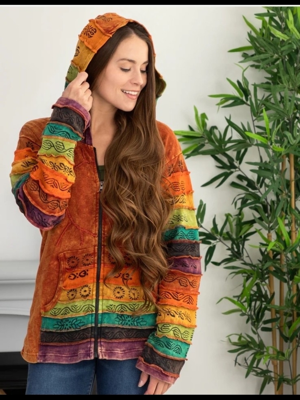 Greater Good 2XL 100% Cotton Boho Rainbow Striped Hooded Jacket - Orange